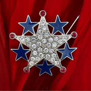 Red and Blue Silver Star Rhinestone Brooch